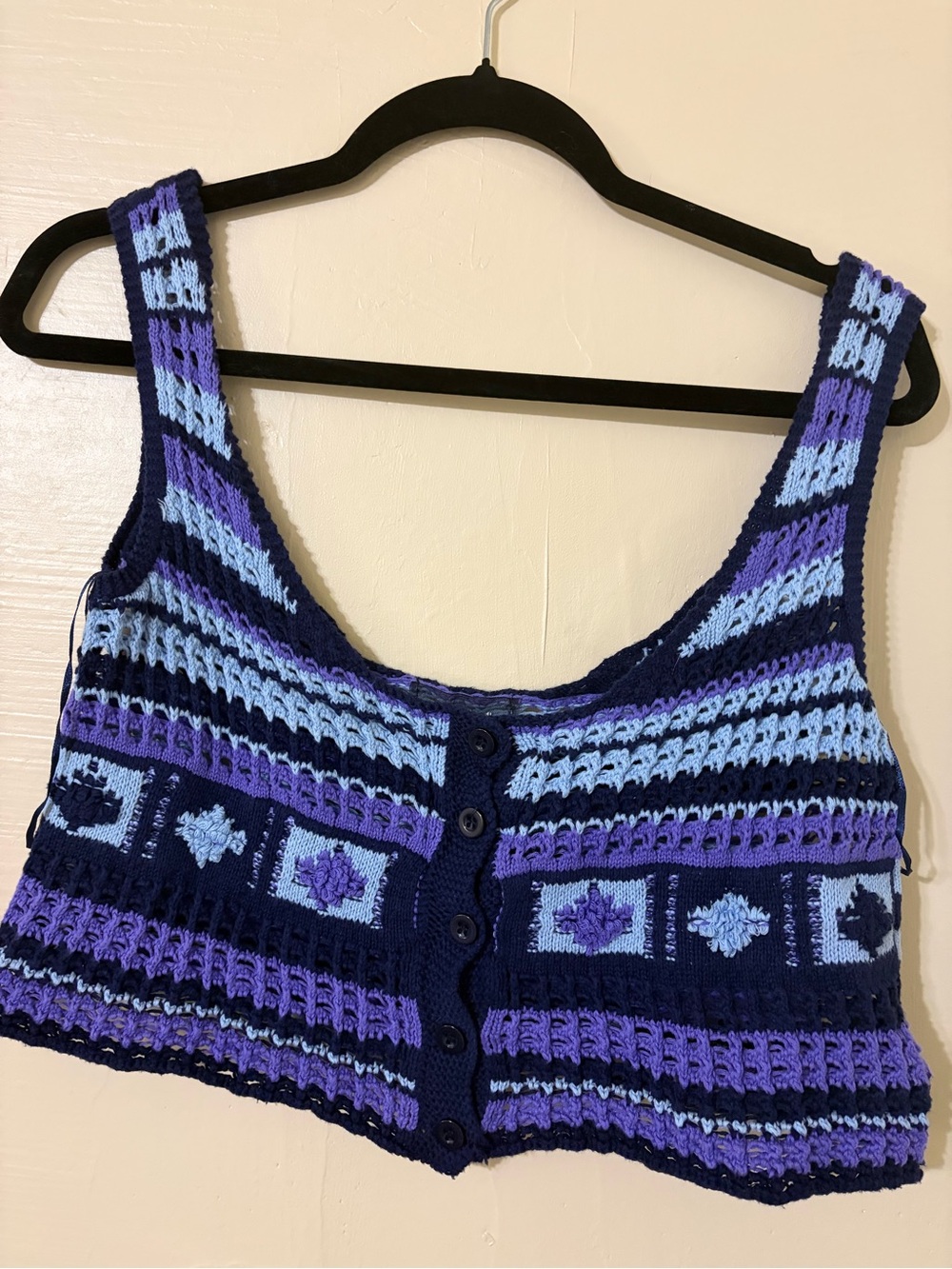 4SI3NNA Hand-Knit Button Front Crop Top in Navy, Light Blue & Purple